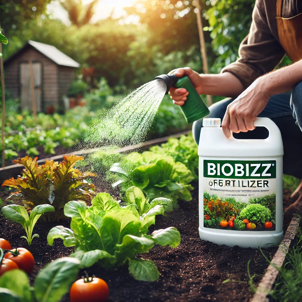 DALL·E 2025 02 20 01.53.35 A natural and organic gardening scene with a focus on Biobizz fertilizer being applied to vegetable plants. The image shows a gardener in a garden set - خرید انواع کود های وارداتی مرغوب در تهران گرو آموزش استفاده از کود بایوبیز (Biobizz) برای سبزیجات