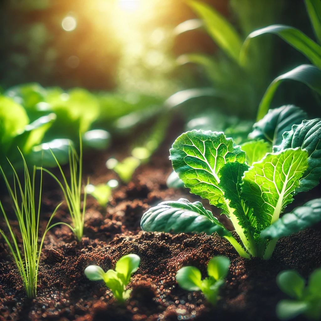 DALL·E 2025 03 27 22.30.14 A close up image of healthy crops growing in a sustainable farming environment with green plants rich soil and a subtle glow of sunlight. The image - خرید انواع کود های وارداتی مرغوب در تهران گرو کود ادونس