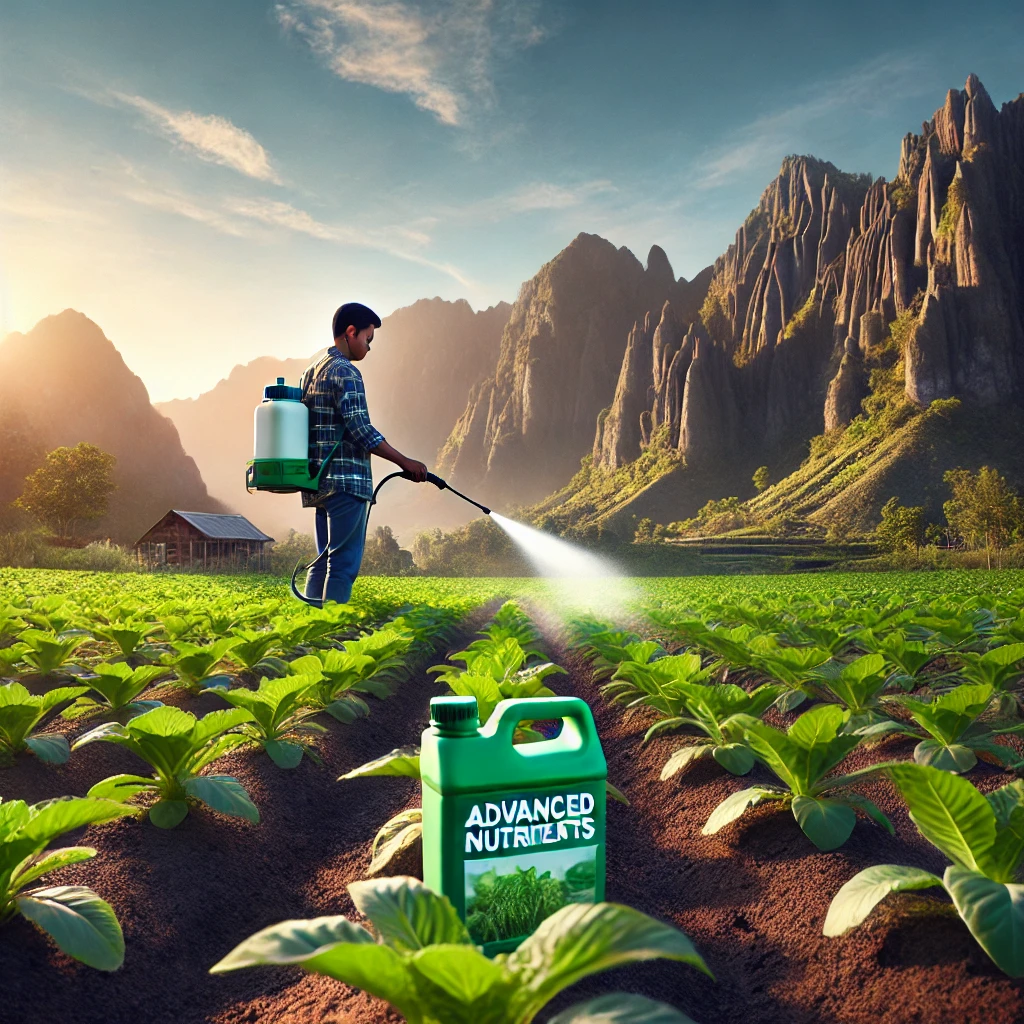 DALL·E 2025 03 27 23.17.35 A scenic mountainous landscape with a farmer applying liquid fertilizer to crops using a sprayer. The image should feature lush green plants thriving - خرید انواع کود های وارداتی مرغوب در تهران گرو کود ادونس